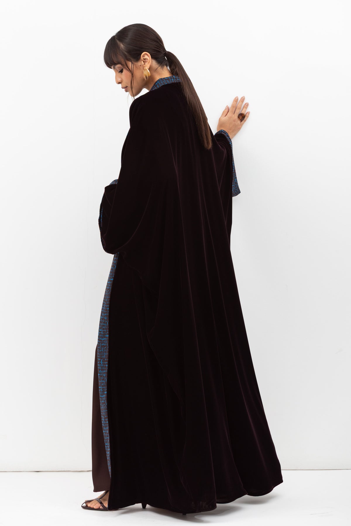 Velvet Abaya with Printed Brown and Blue