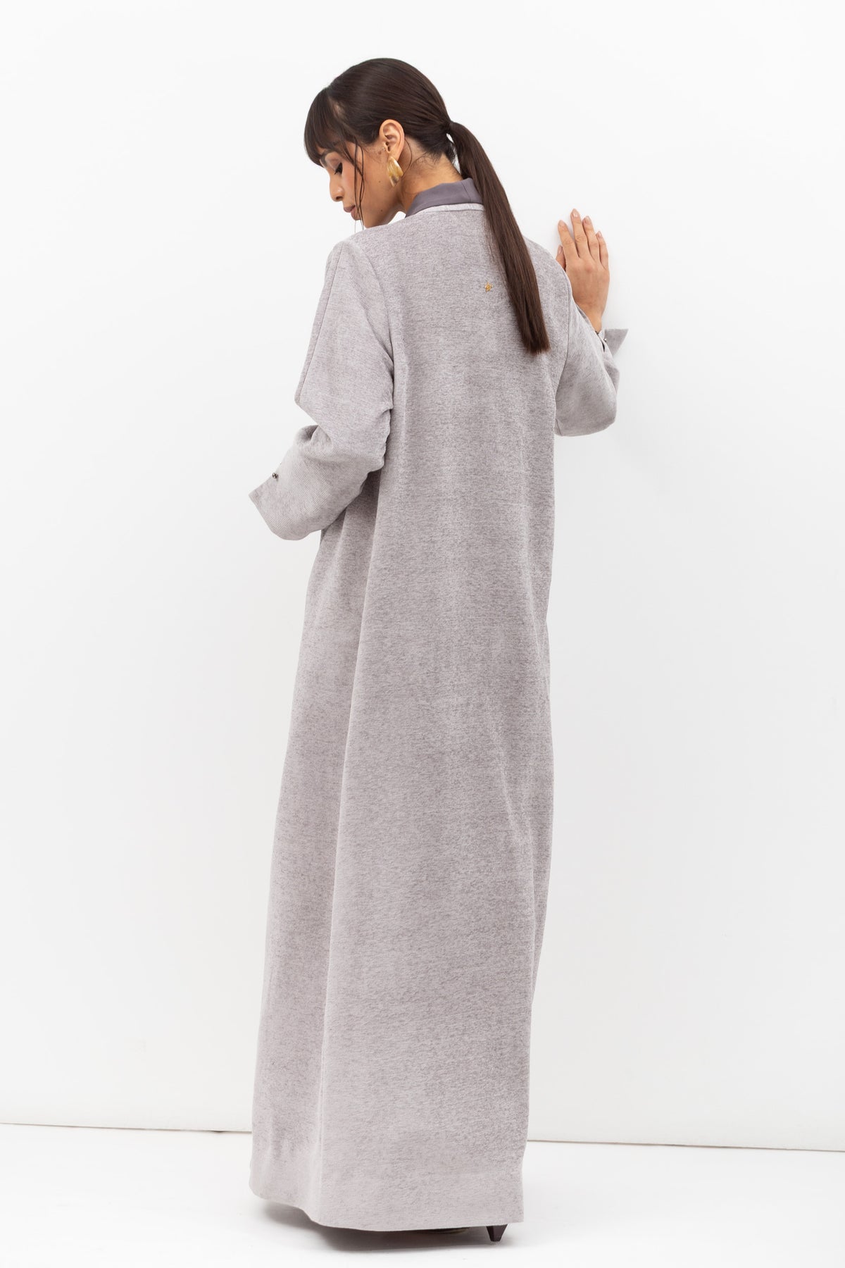 Winter Coat Abaya with Satin Collar in Textured Grey RTW