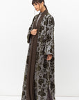 Winter Shawl Lapel Abaya in Flower Velvet Jacquard in Grey Green