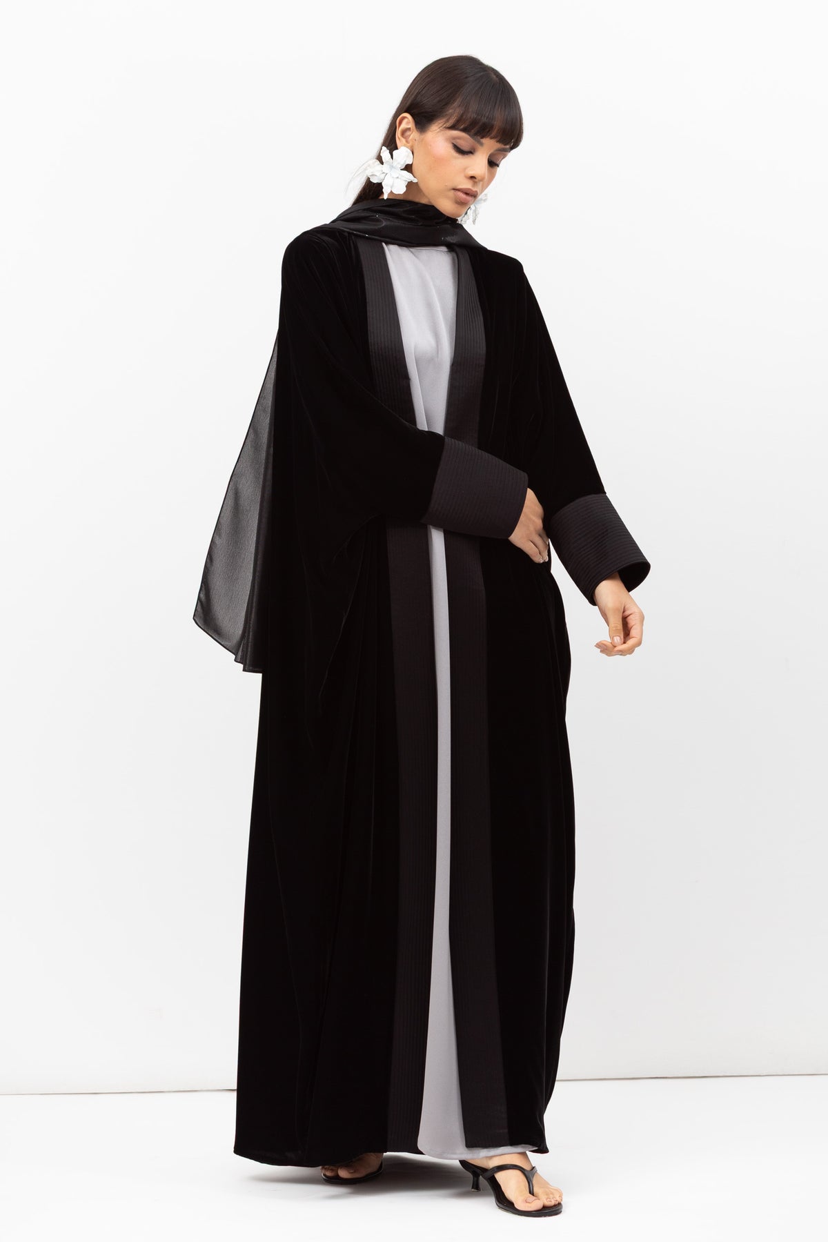 Velvet Butterfly Abaya with Quilted Details in Black
