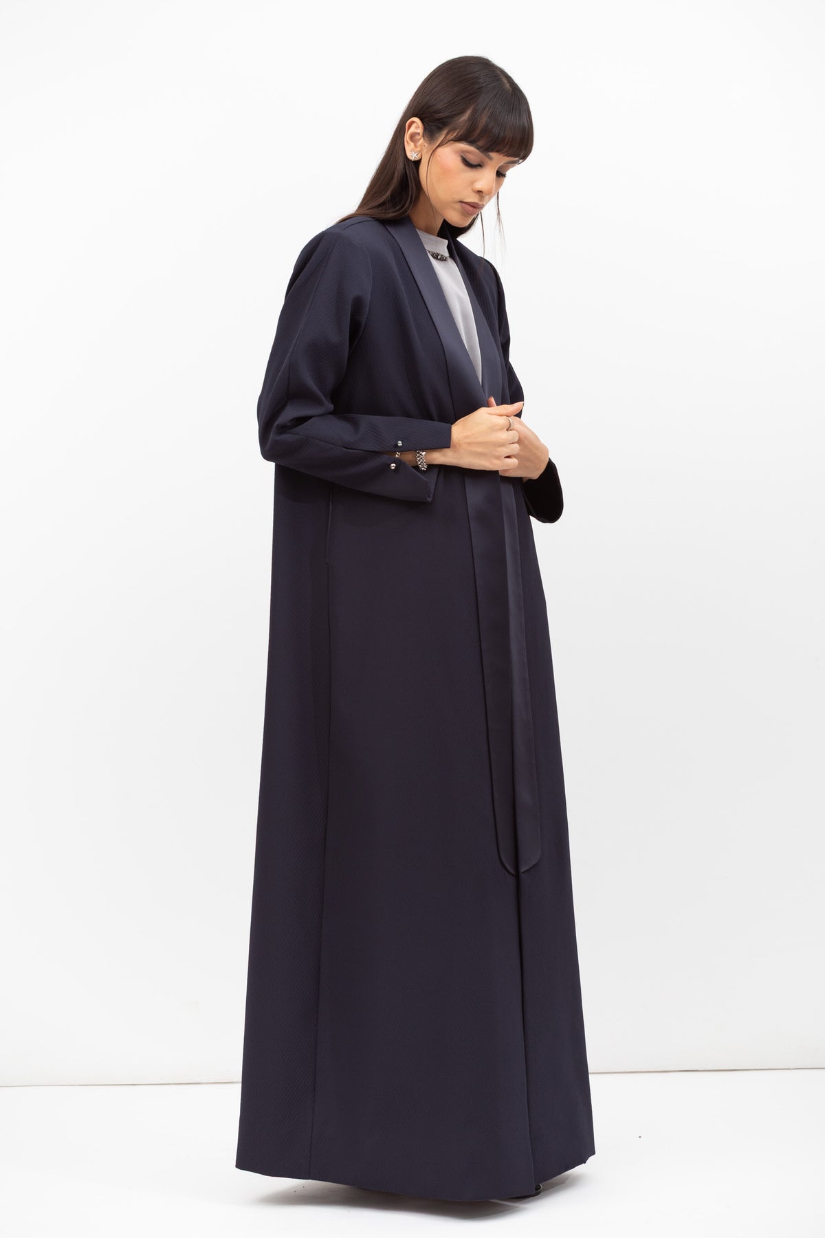 Winter Coat Abaya with Satin Collar in Navy Blue