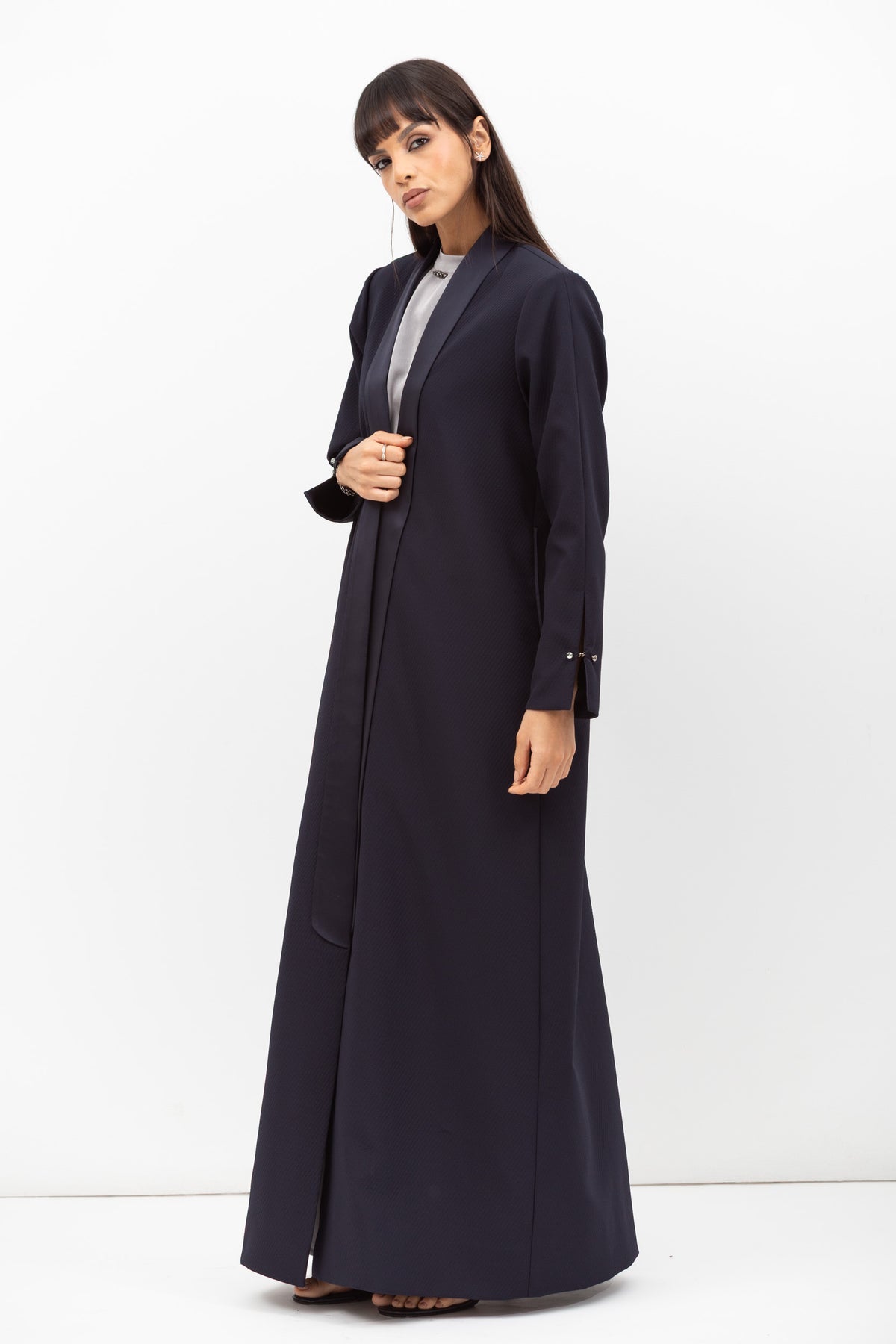Winter Coat Abaya with Satin Collar in Navy Blue