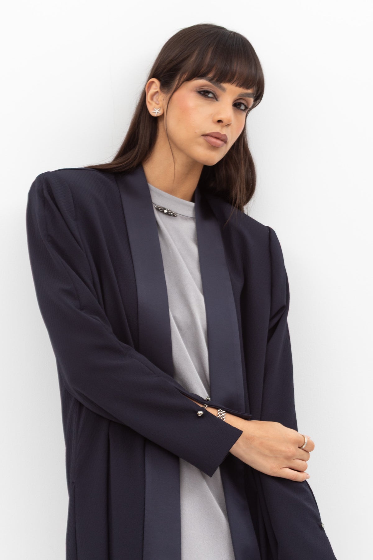 Winter Coat Abaya with Satin Collar in Navy Blue
