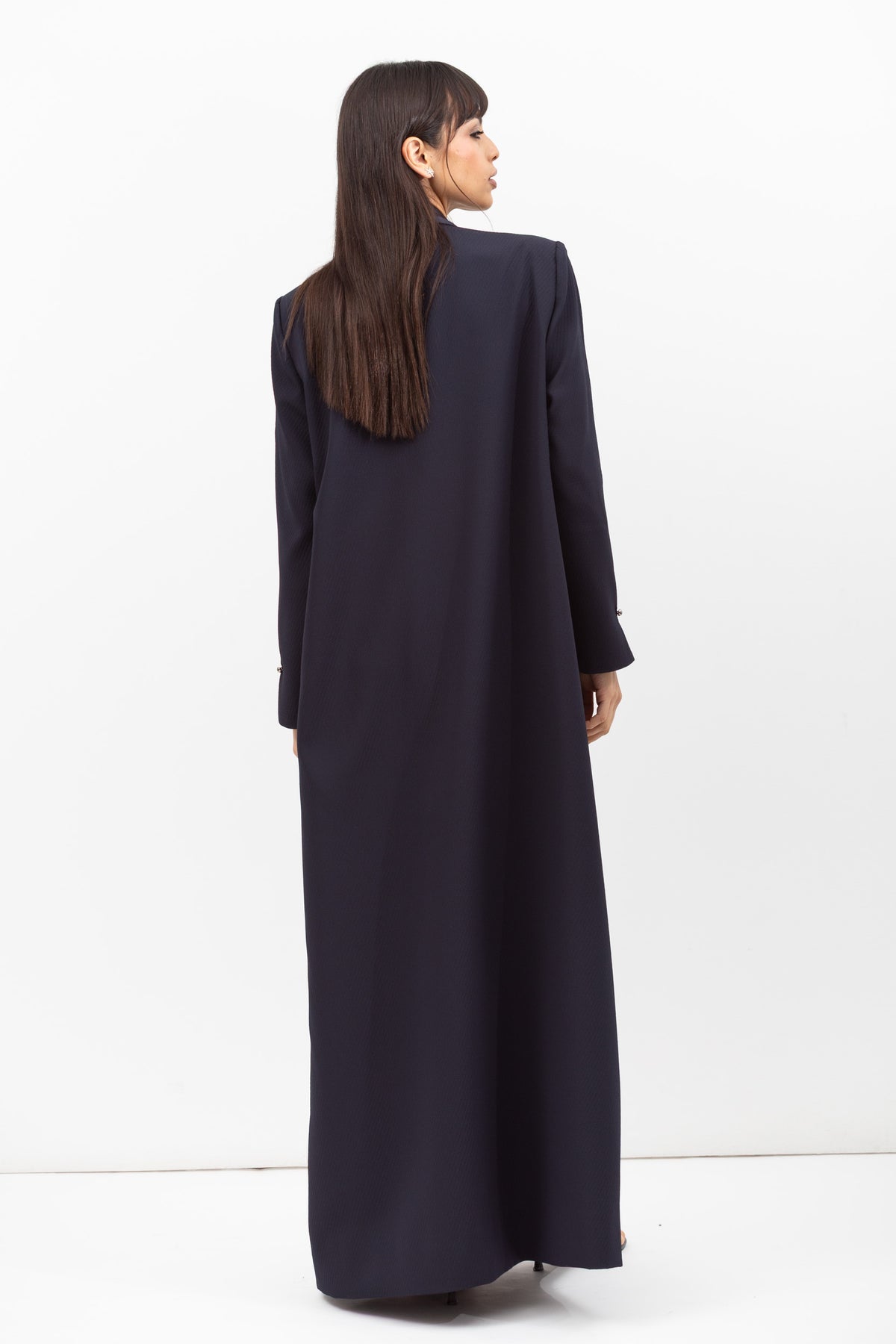 Winter Coat Abaya with Satin Collar in Navy Blue