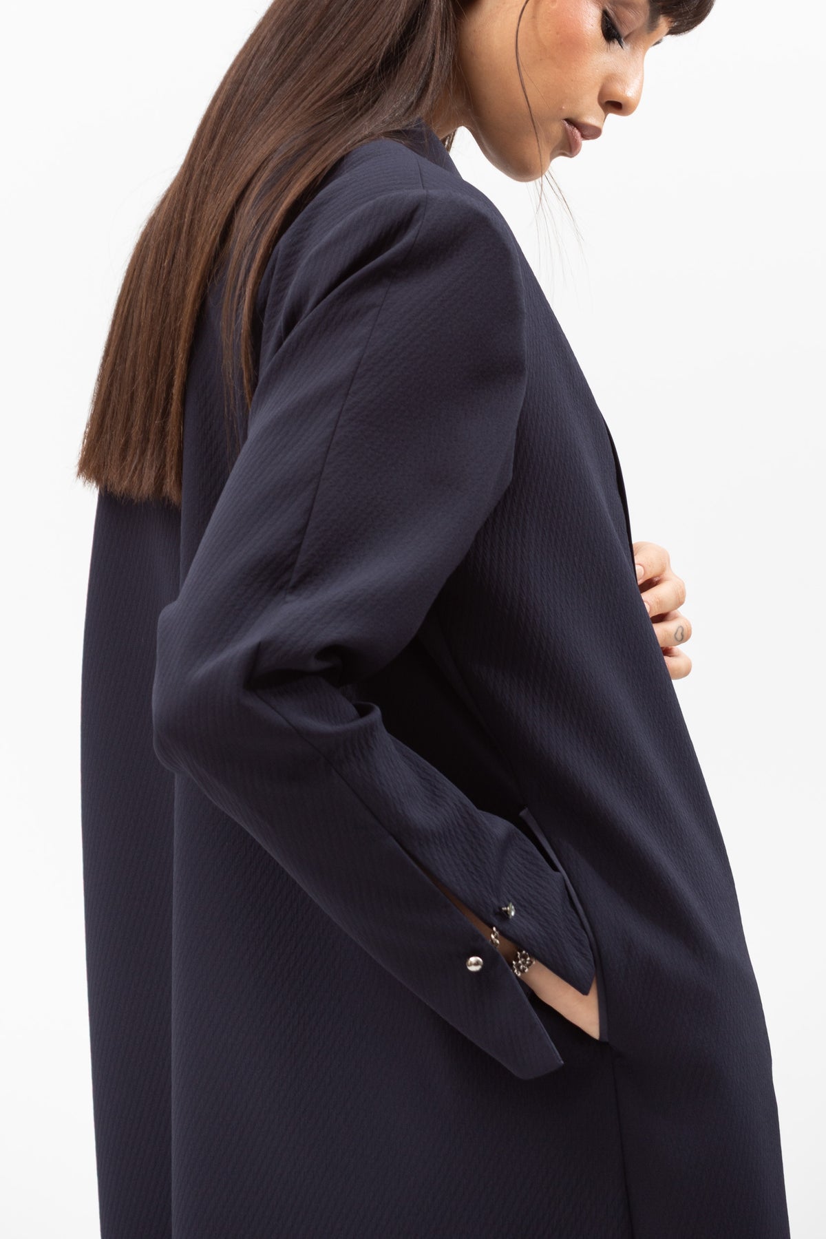 Winter Coat Abaya with Satin Collar in Navy Blue
