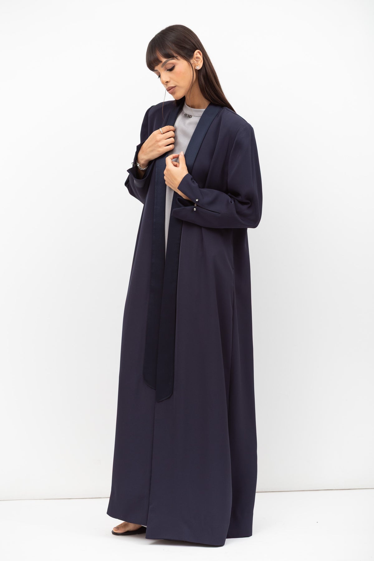Winter Coat Abaya with Satin Collar in Navy Blue