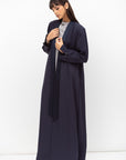 Winter Coat Abaya with Satin Collar in Navy Blue