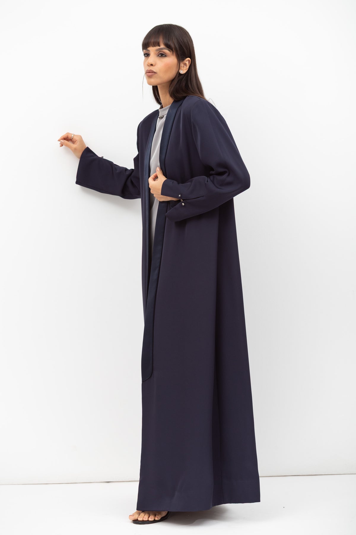 Winter Coat Abaya with Satin Collar in Navy Blue RTW