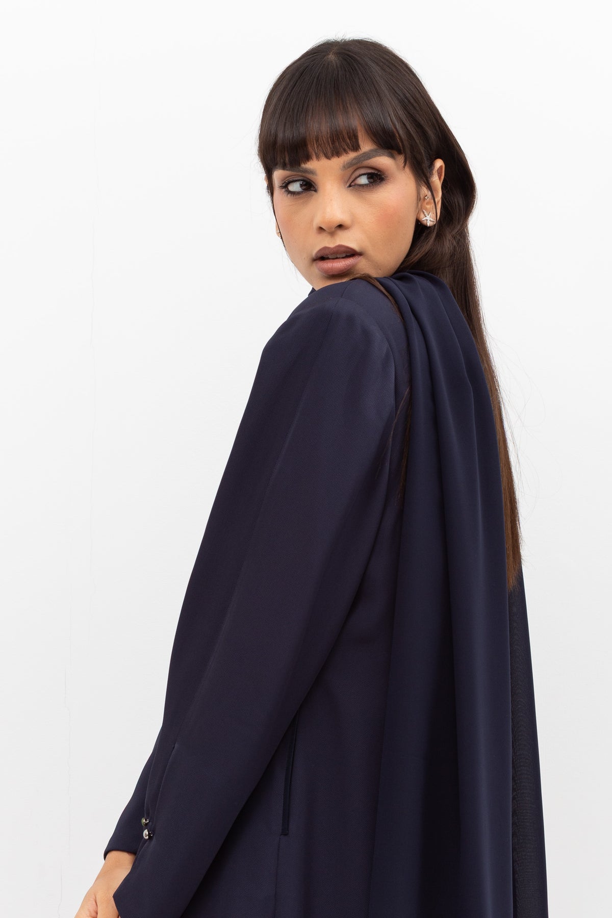 Winter Coat Abaya with Satin Collar in Navy Blue RTW