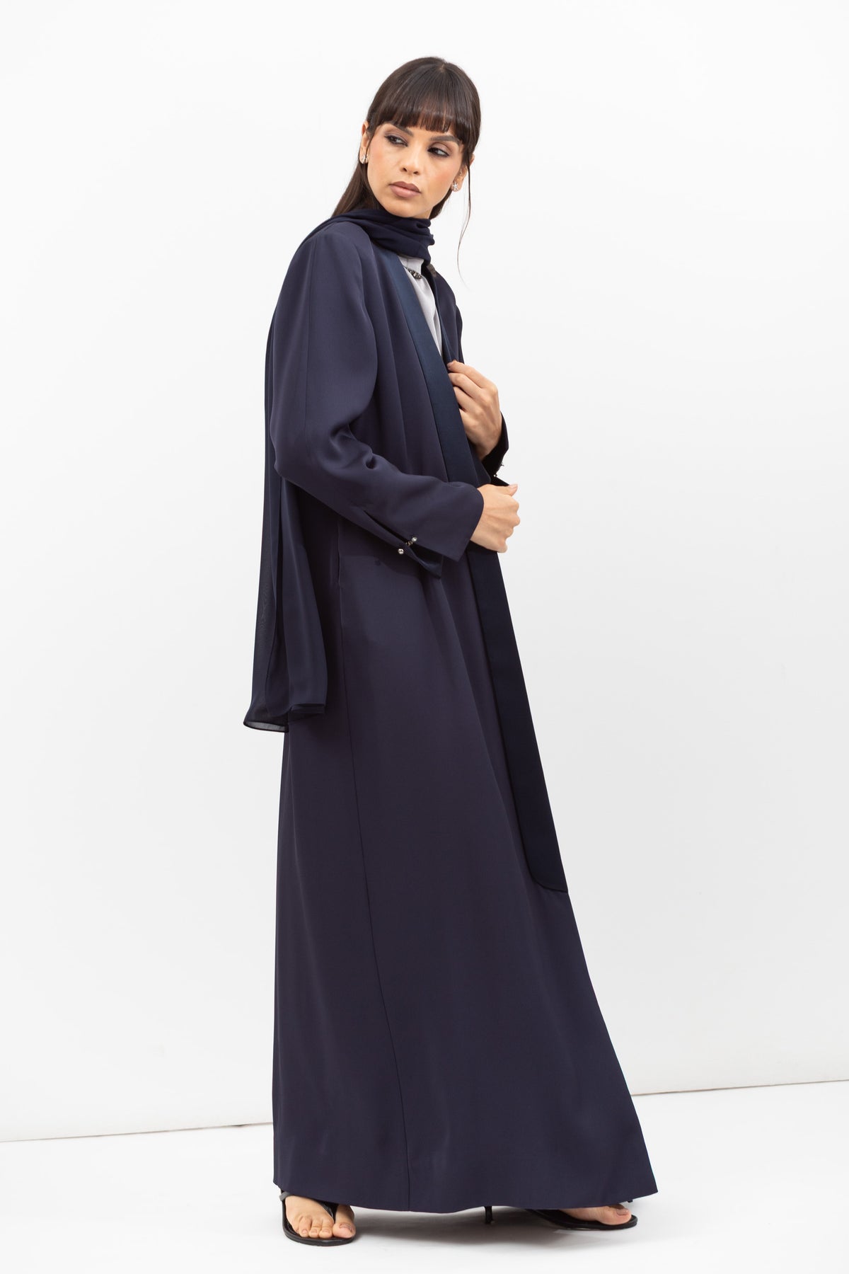 Winter Coat Abaya with Satin Collar in Navy Blue