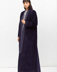 Winter Coat Abaya with Satin Collar in Textured Navy RTW