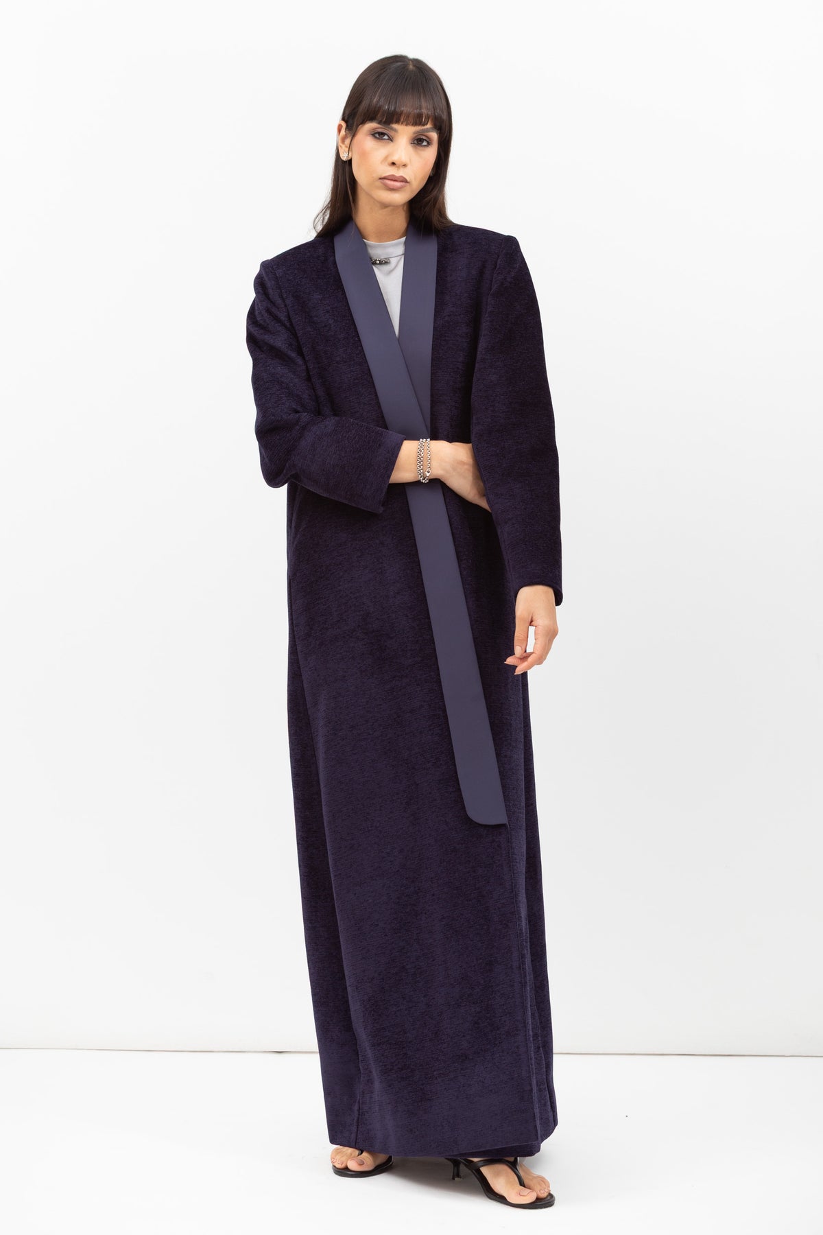 Winter Coat Abaya with Satin Collar in Textured Navy RTW