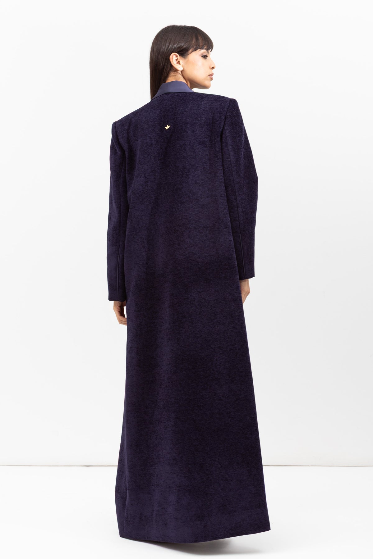 Winter Coat Abaya with Satin Collar in Textured Navy RTW
