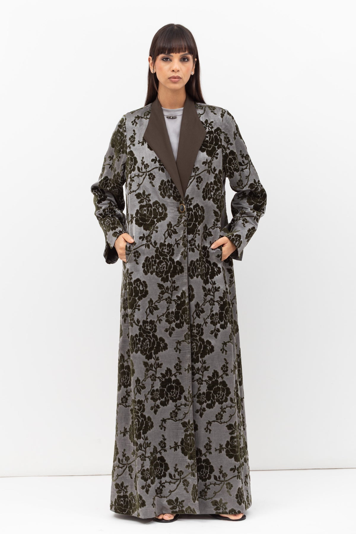 Tuxedo Abaya in Velvet Flower Jacquard in Grey Green
