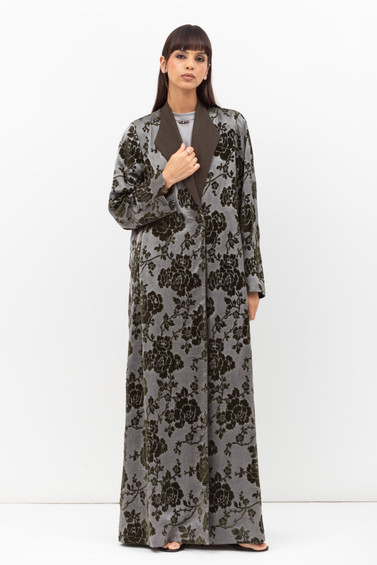 Tuxedo Abaya in Velvet Flower Jacquard in Grey Green