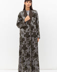 Tuxedo Abaya in Velvet Flower Jacquard in Grey Green