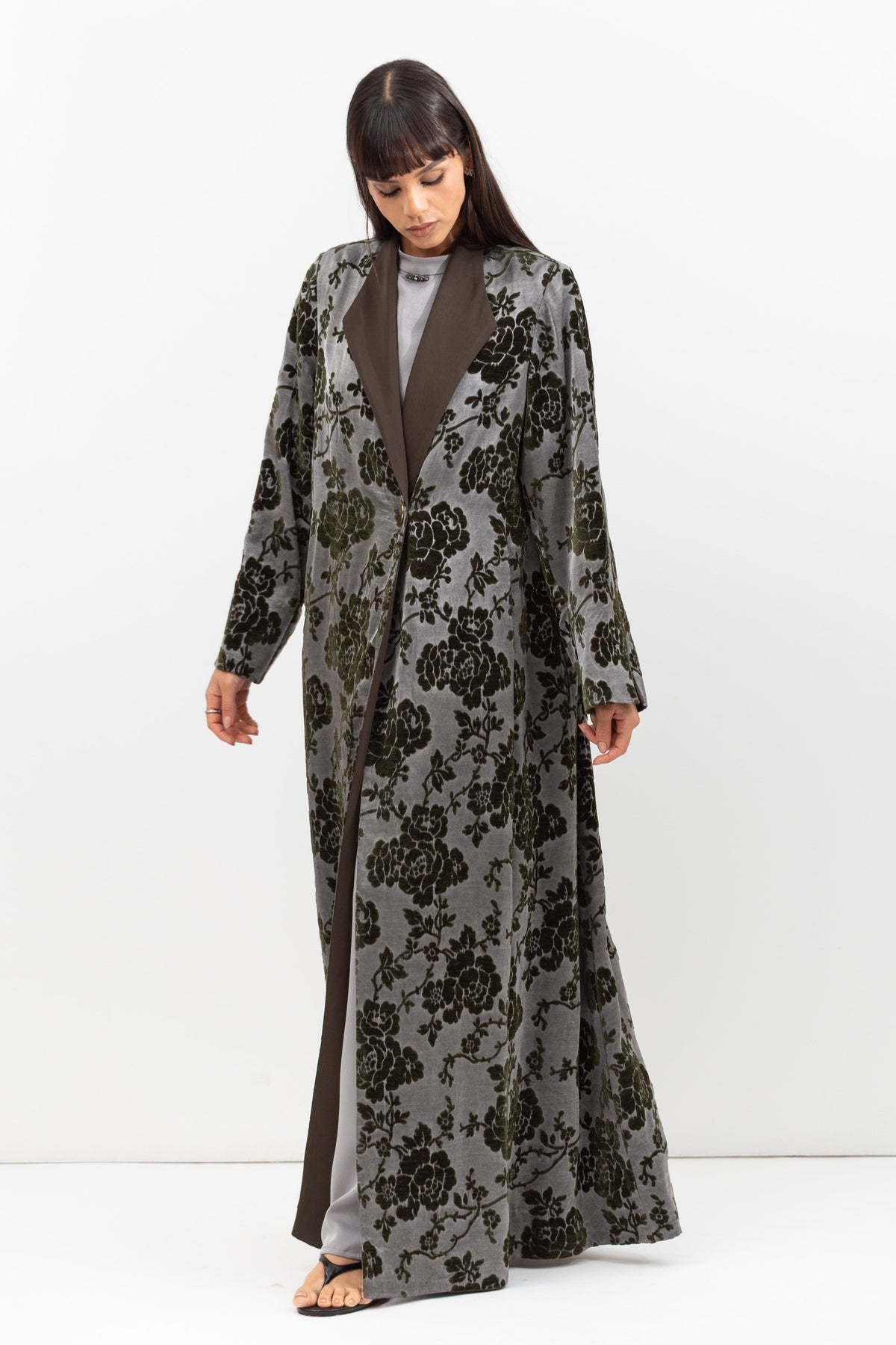 Tuxedo Abaya in Velvet Flower Jacquard in Grey Green