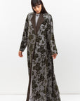 Tuxedo Abaya in Velvet Flower Jacquard in Grey Green
