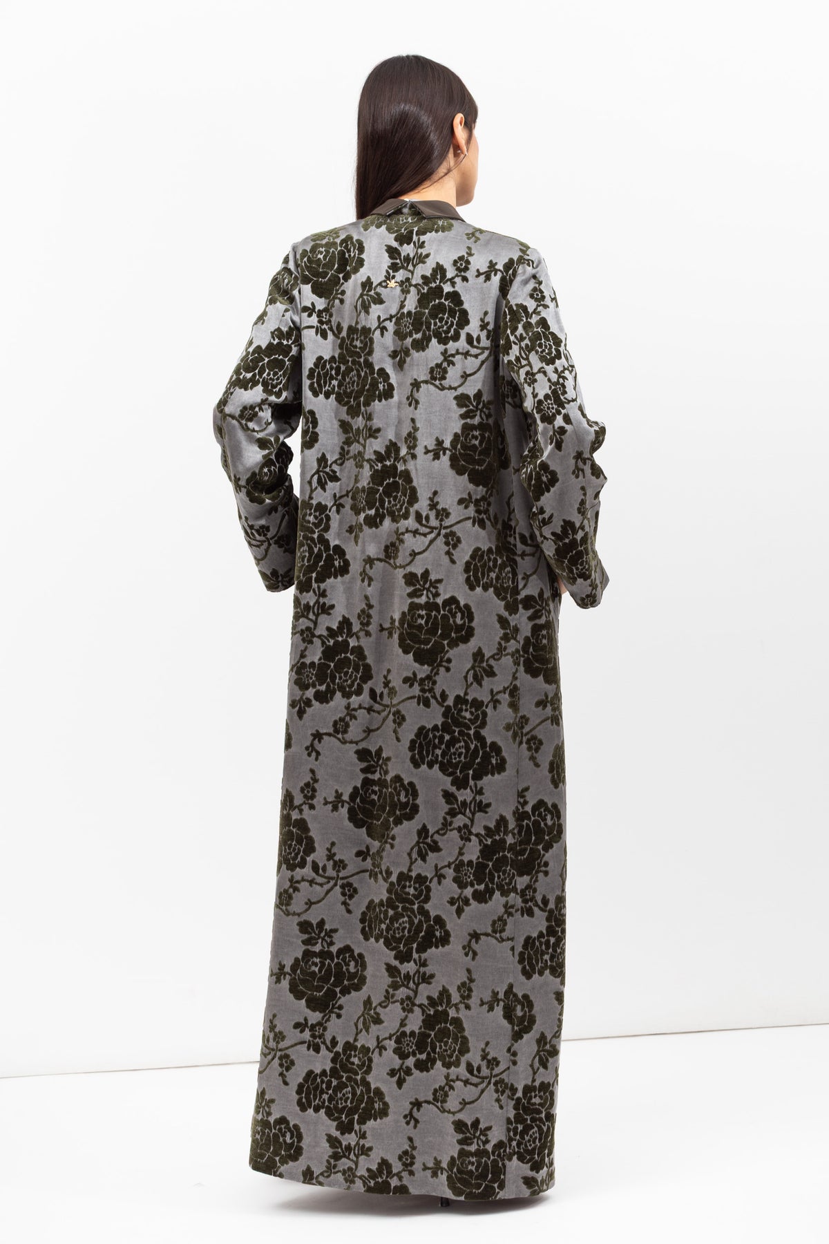 Tuxedo Abaya in Velvet Flower Jacquard in Grey Green