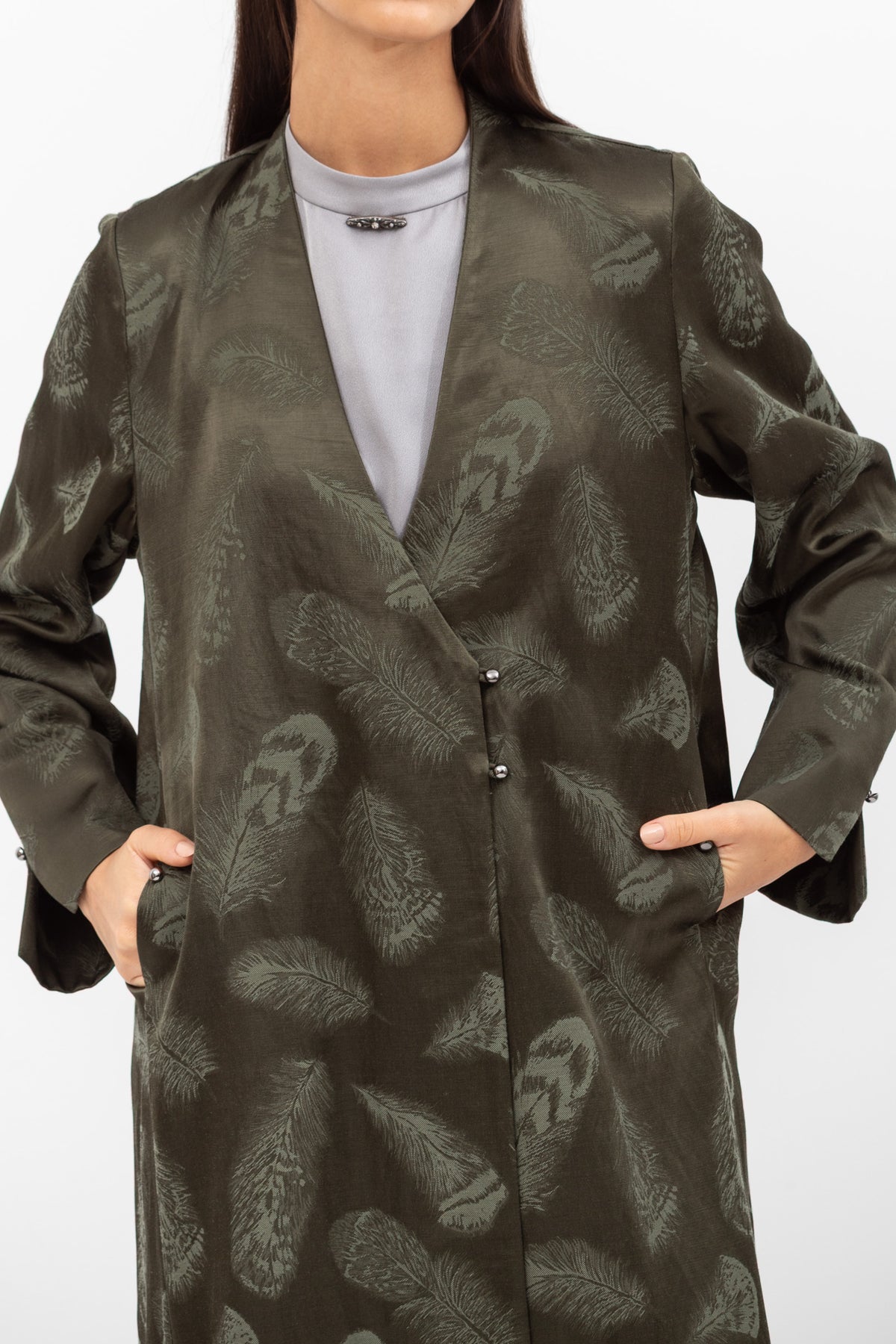 Structured Abaya in Feather Print Olive