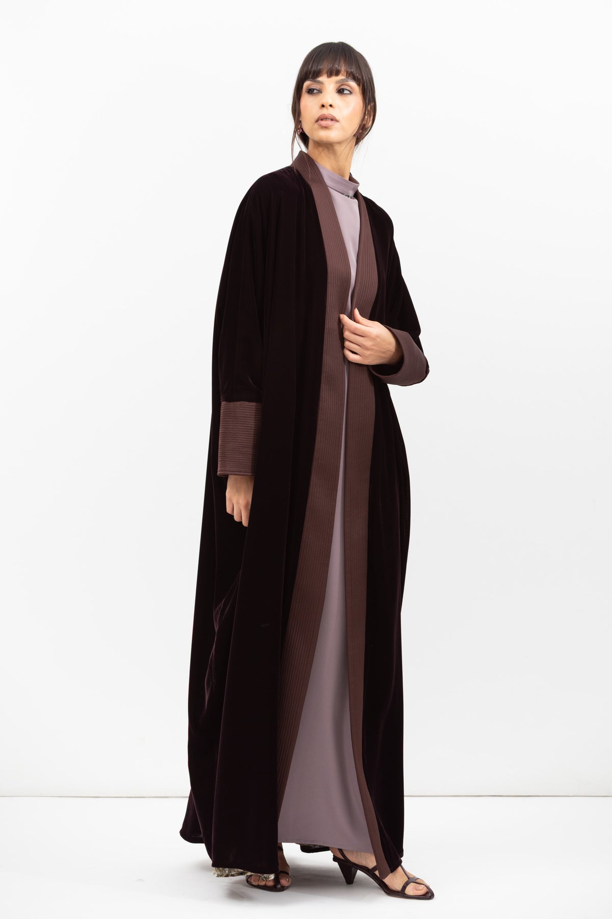 Velvet Butterfly Abaya with Quilted Details in Brown