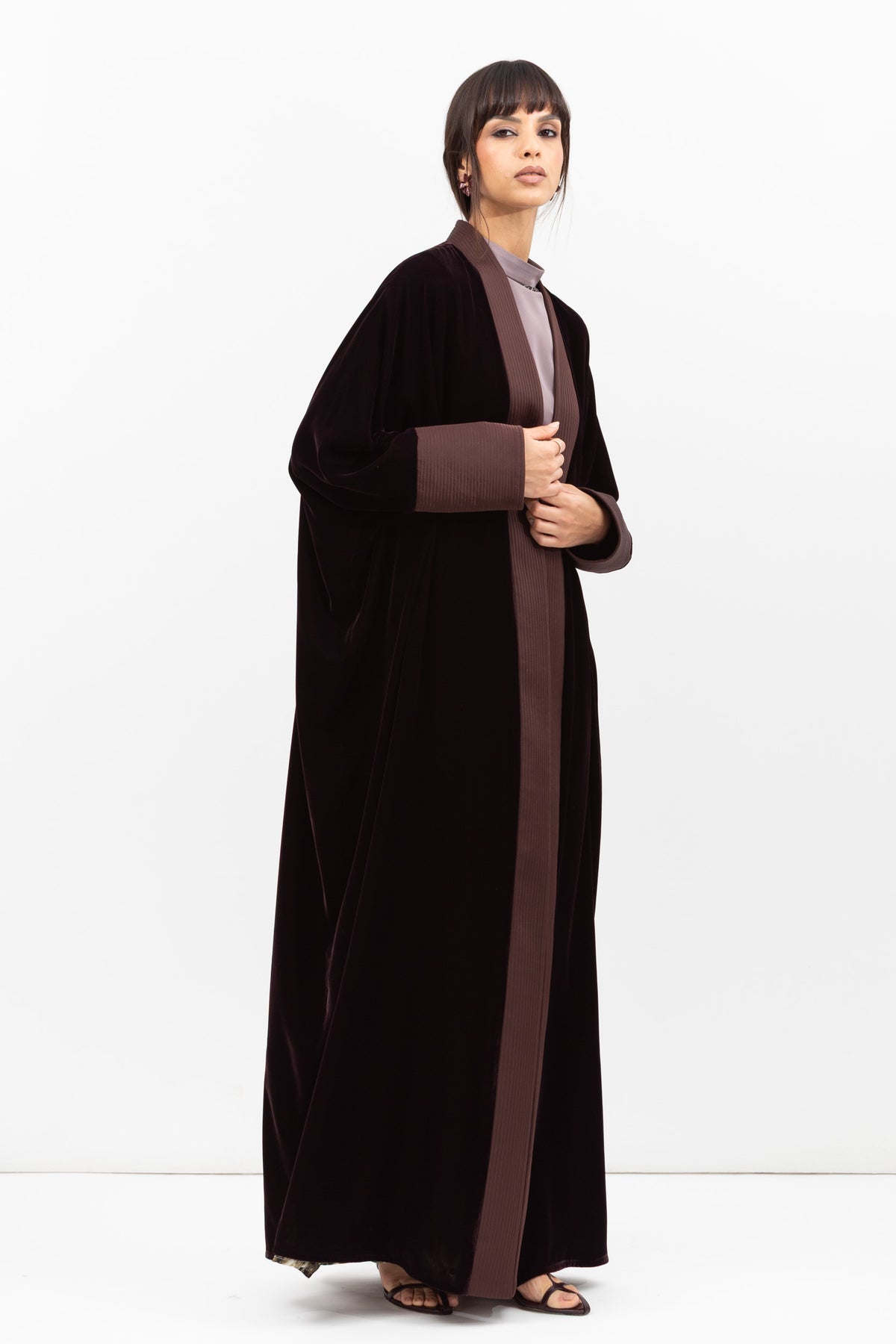 Velvet Butterfly Abaya with Quilted Details in Brown