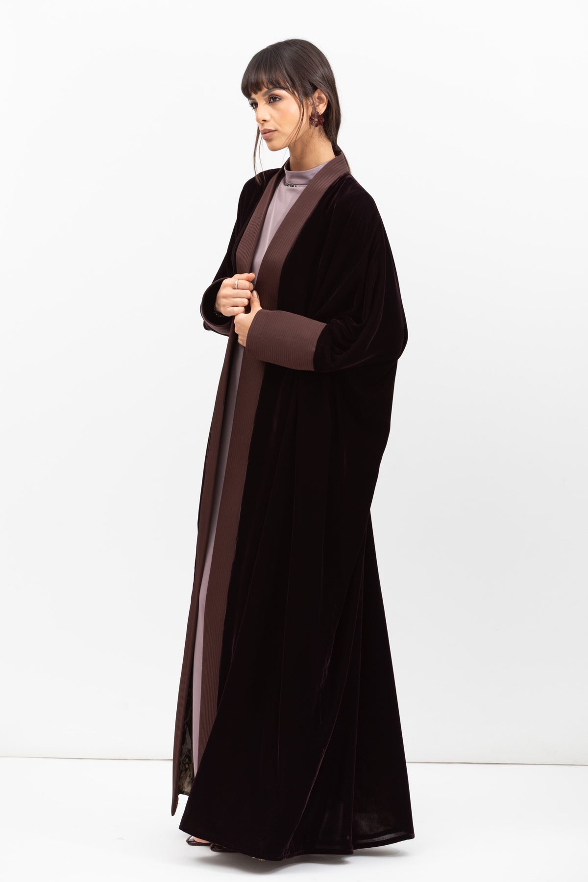 Velvet Butterfly Abaya with Quilted Details in Brown