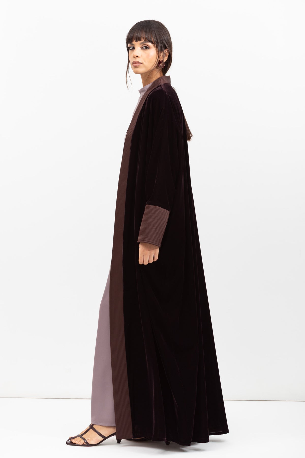 Velvet Butterfly Abaya with Quilted Details in Brown