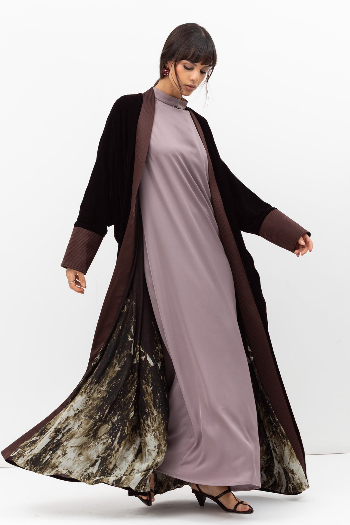 Velvet Butterfly Abaya with Quilted Details in Brown