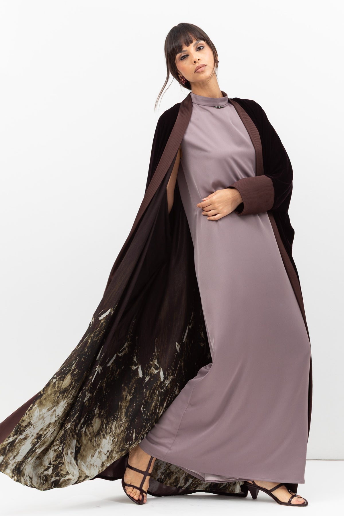 Velvet Butterfly Abaya with Quilted Details in Brown