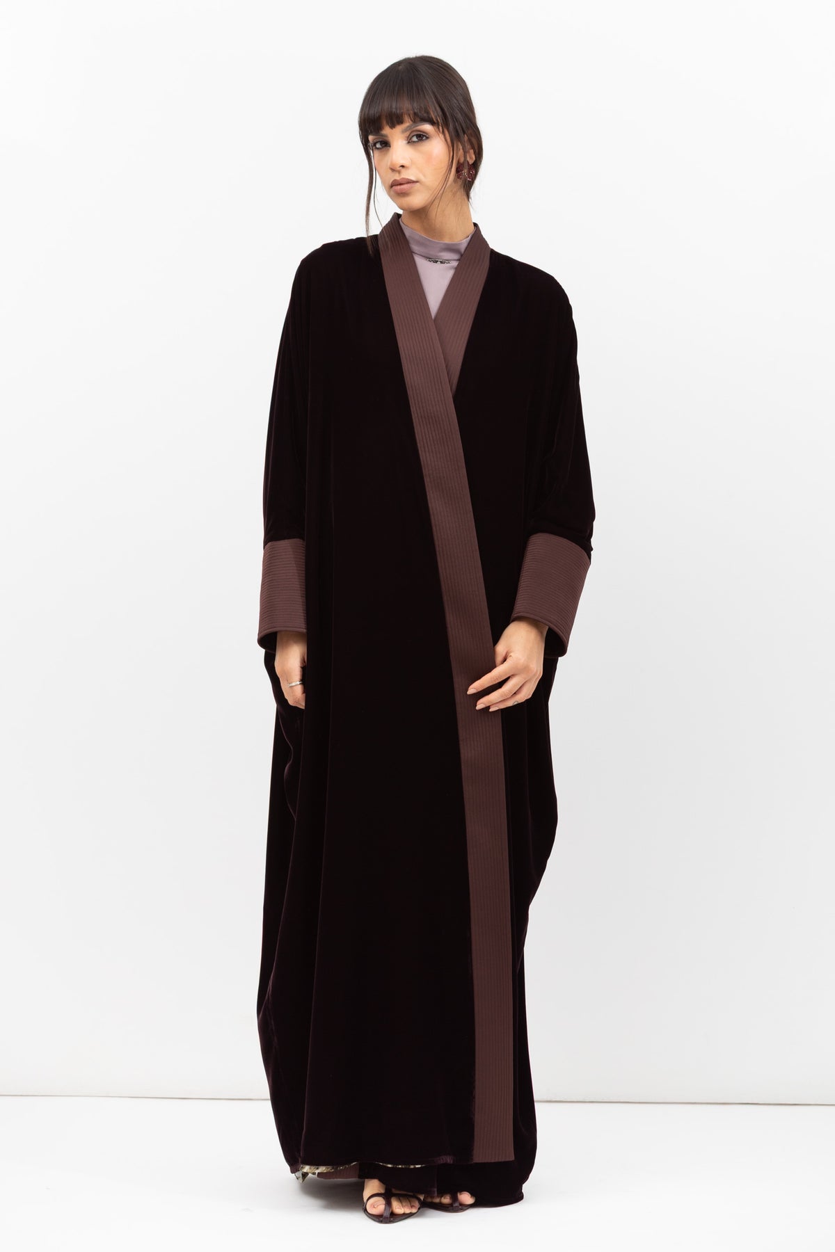 Velvet Butterfly Abaya with Quilted Details in Brown RTW