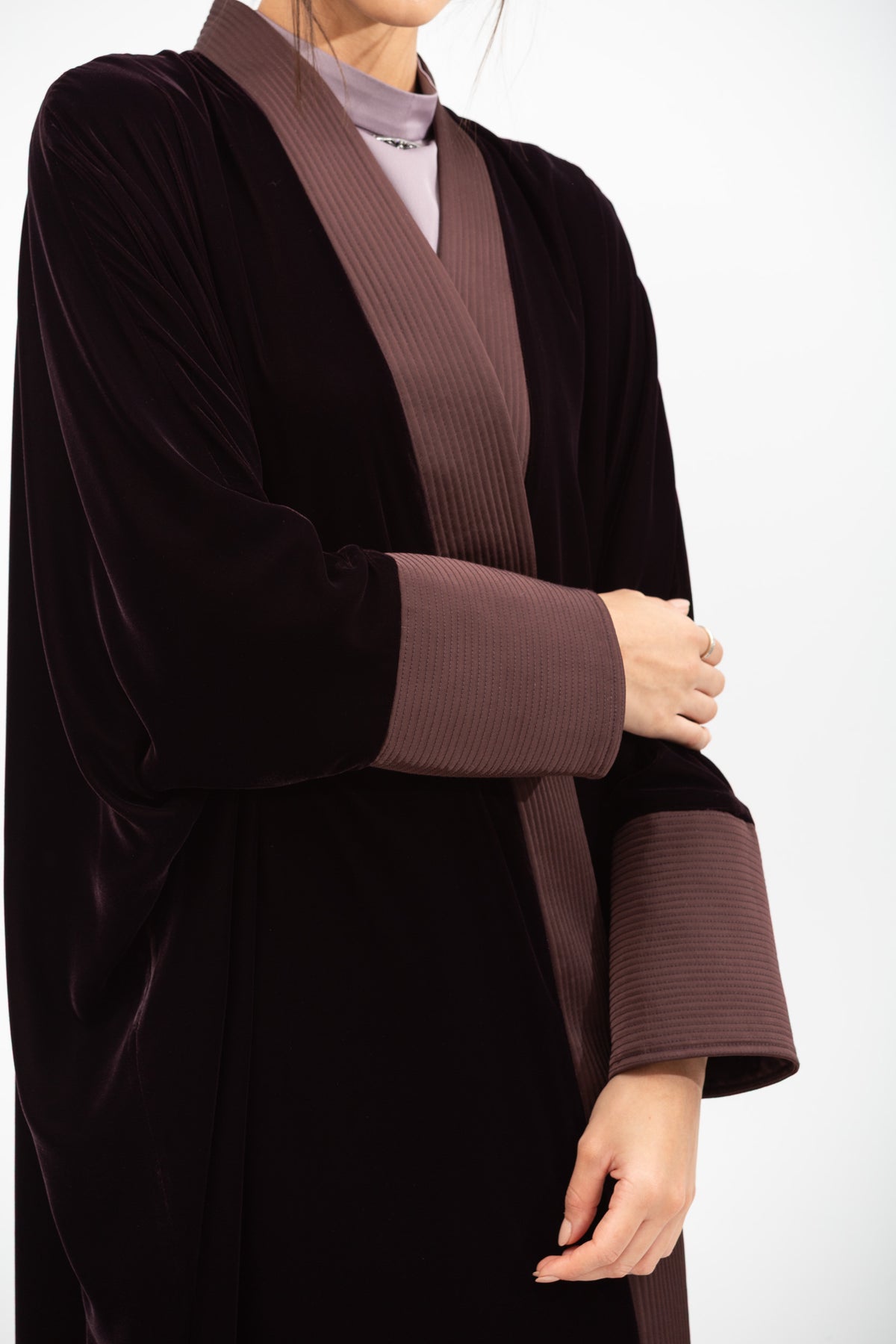 Velvet Butterfly Abaya with Quilted Details in Brown