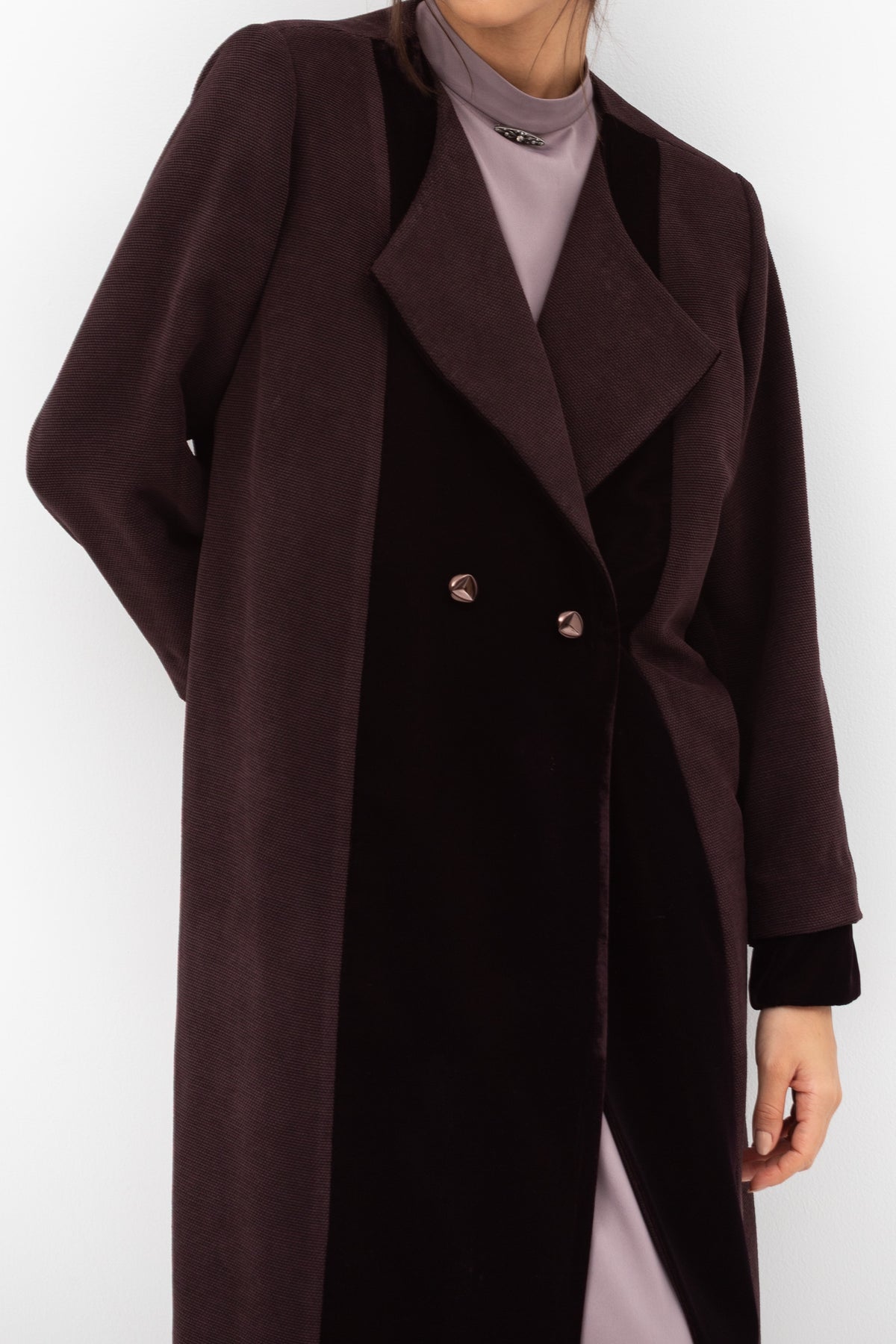Winter Coat Abaya with Velvet Front in Brown