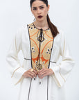 Off White Silk Straight Cut Kaftan with Gold and Black Japanese Yoke Piece