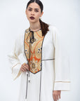 Off White Silk Straight Cut Kaftan with Gold and Black Japanese Yoke Piece