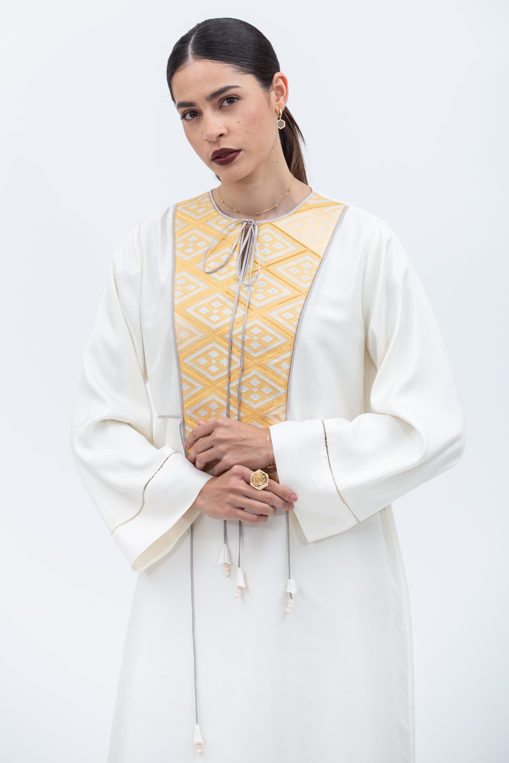 Straight Cut Silk Kaftan in Ivory with Golden Japanese Collar