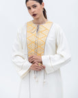 Straight Cut Silk Kaftan in Ivory with Golden Japanese Collar