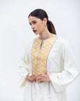 Straight Cut Silk Kaftan in Ivory with Golden Japanese Collar