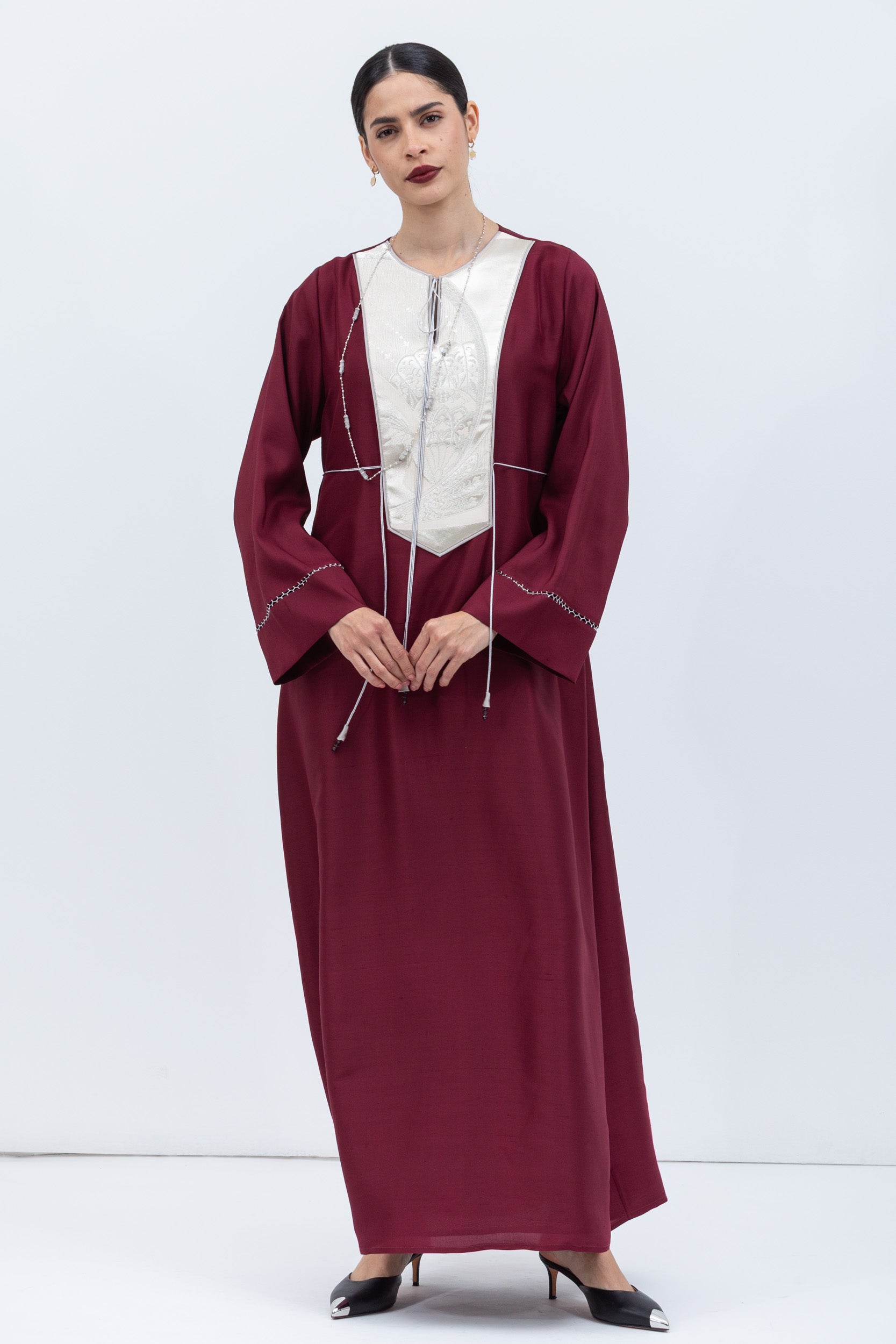 Maroon Silk Straight Cut Kaftan with Silver Japanese Yoke Piece RTW