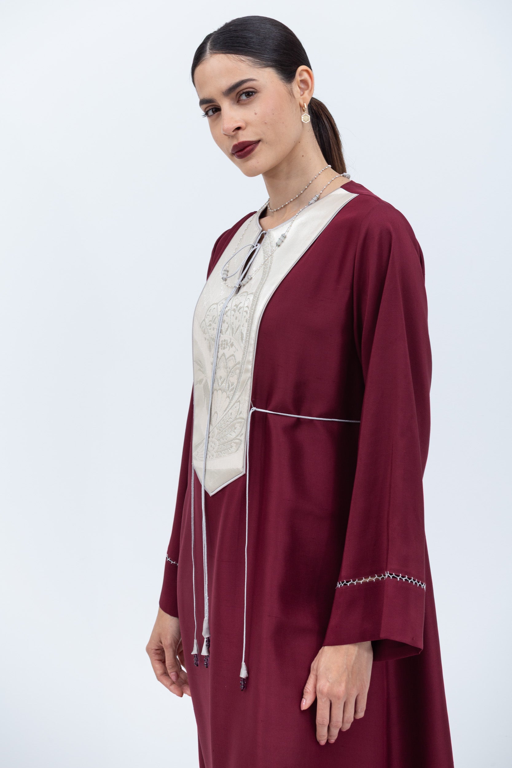 Maroon Silk Straight Cut Kaftan with Silver Japanese Yoke Piece RTW
