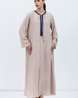 Straight Cut Silk Kaftan in Warm Tan with Blue Neckline