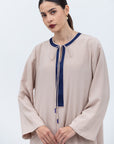 Straight Cut Silk Kaftan in Warm Tan with Blue Neckline