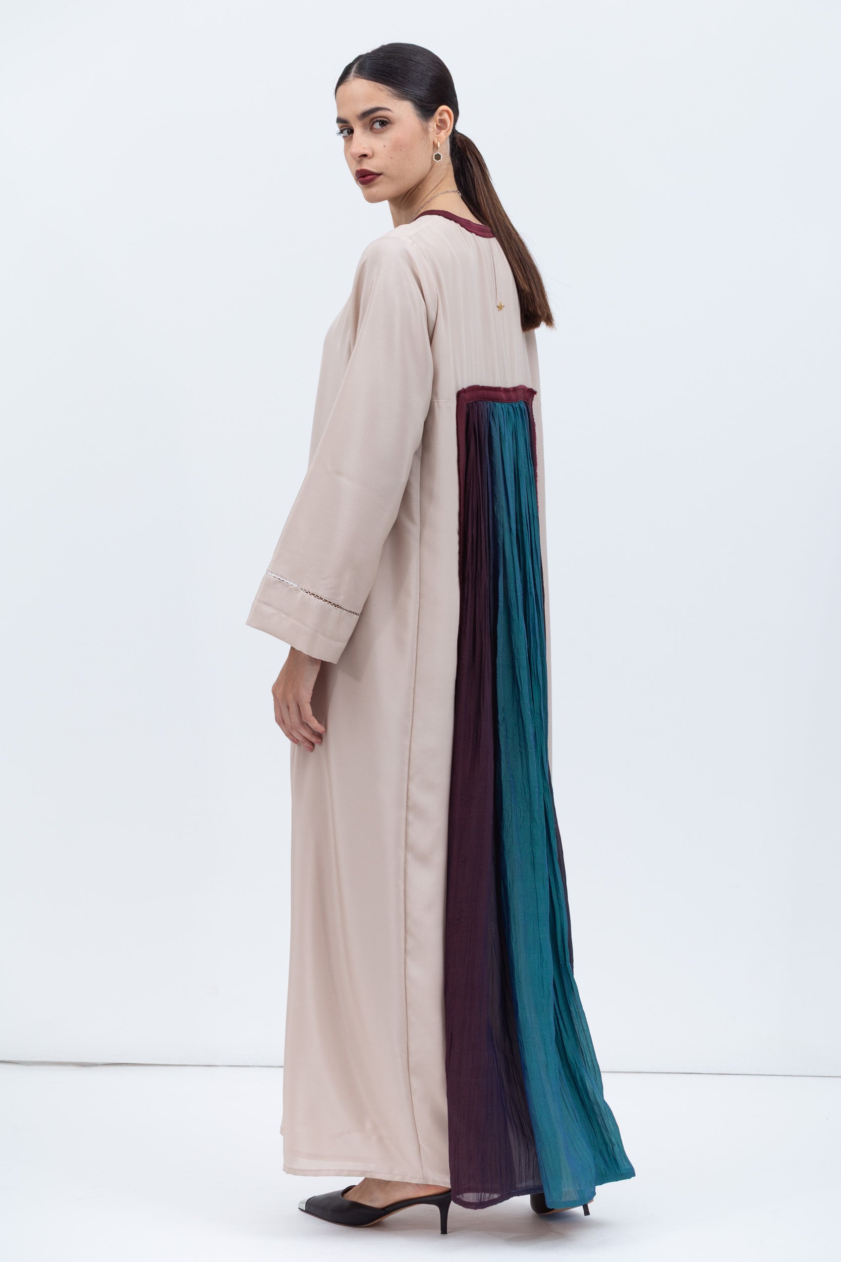 Straight Cut Silk Kaftan in Tan with Maroon Center RTW