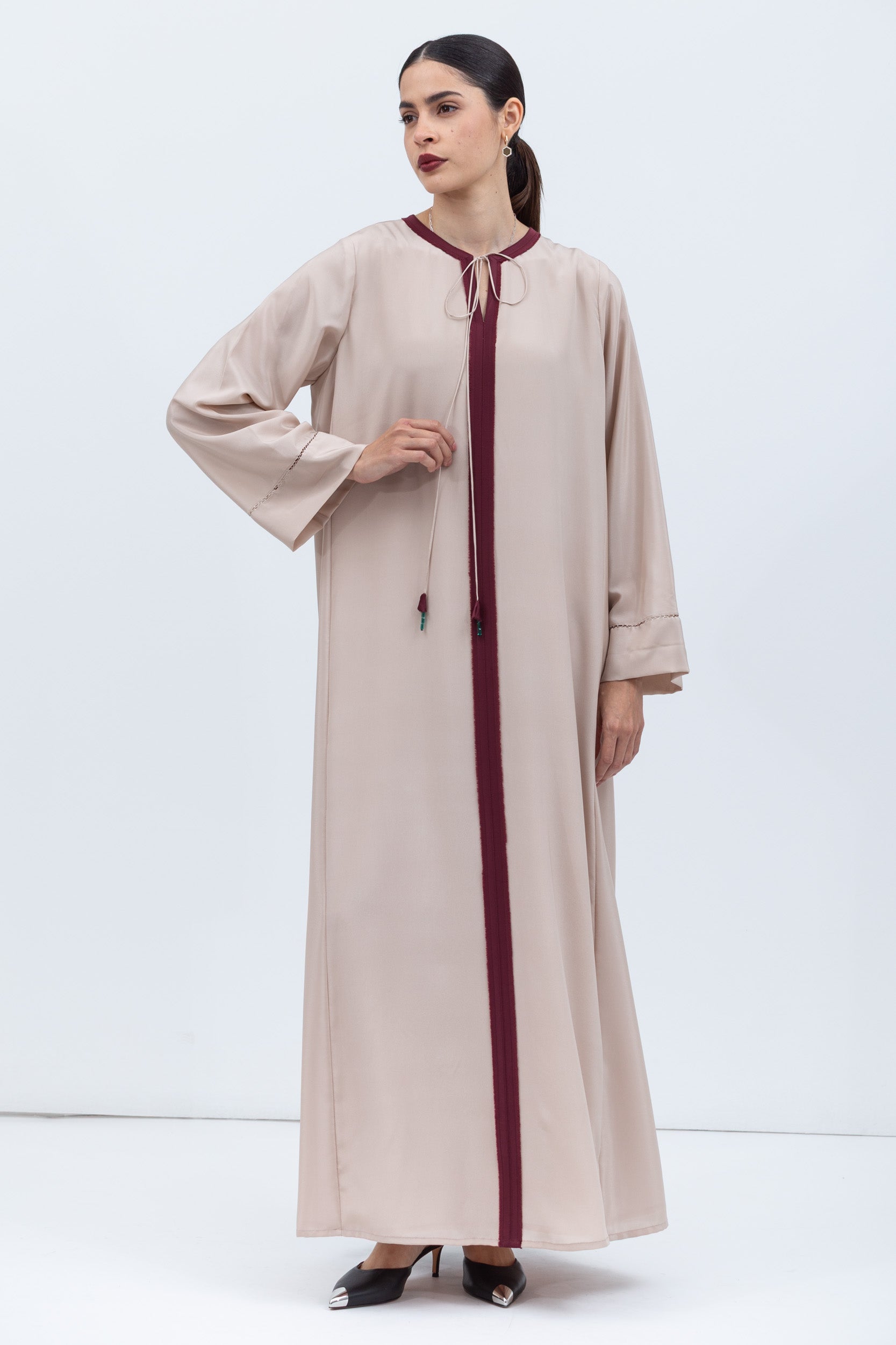 Straight Cut Silk Kaftan in Tan with Maroon Center RTW