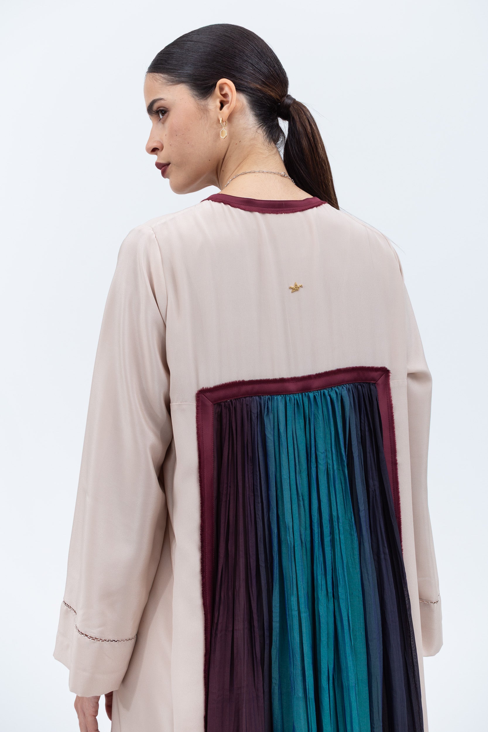 Straight Cut Silk Kaftan in Tan with Maroon Center RTW