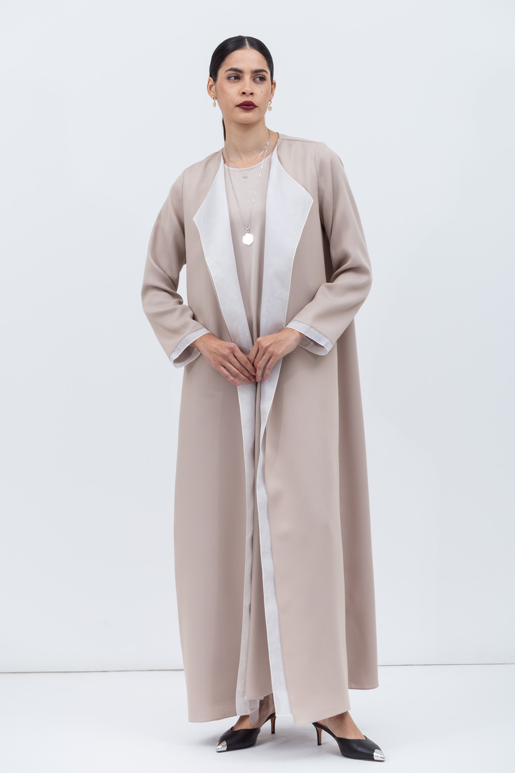Tencel Twill Blush Pink Abaya with Silk Organza Detailing RTW