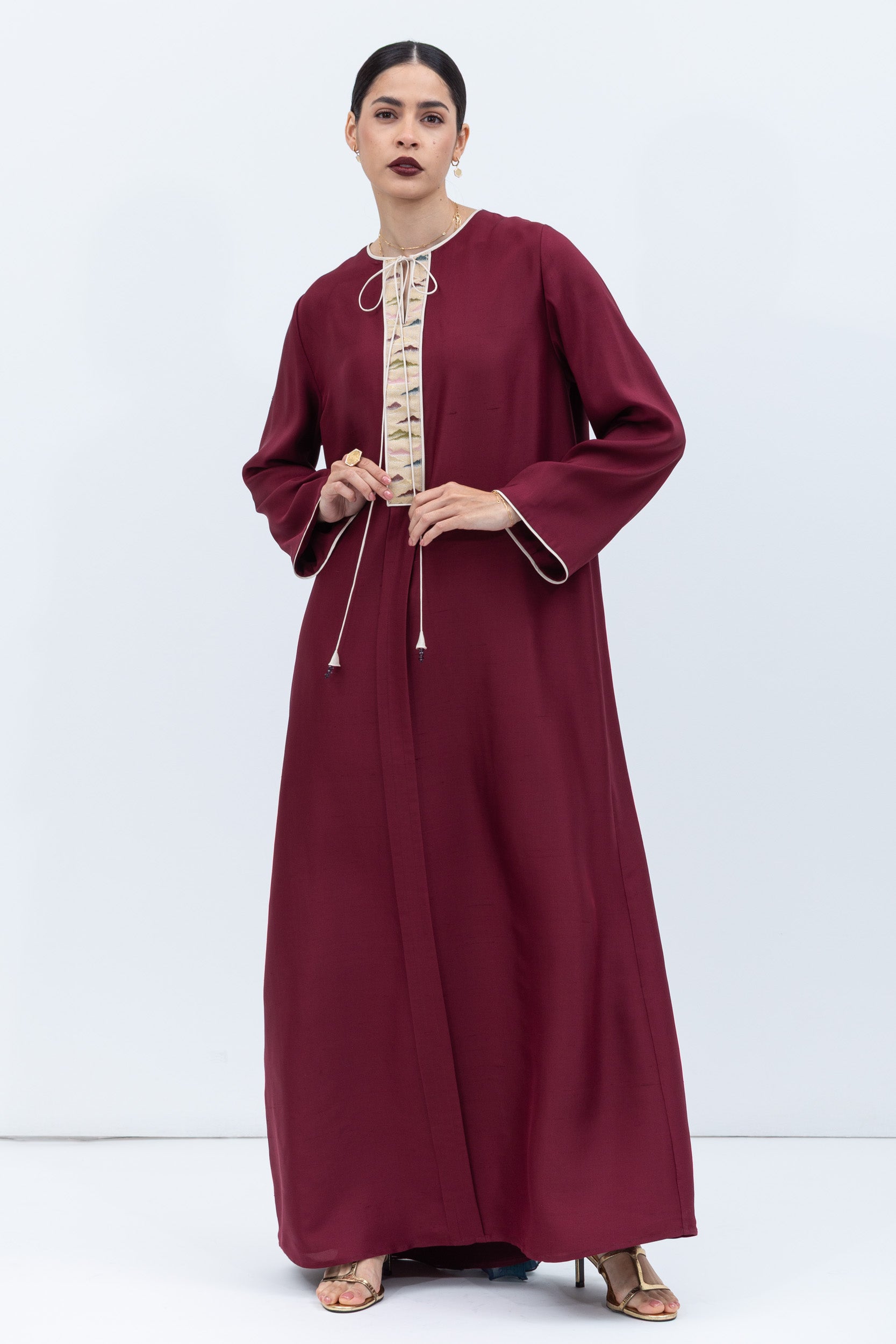 Straight Cut Silk Kaftan in Maroon with Back Detail