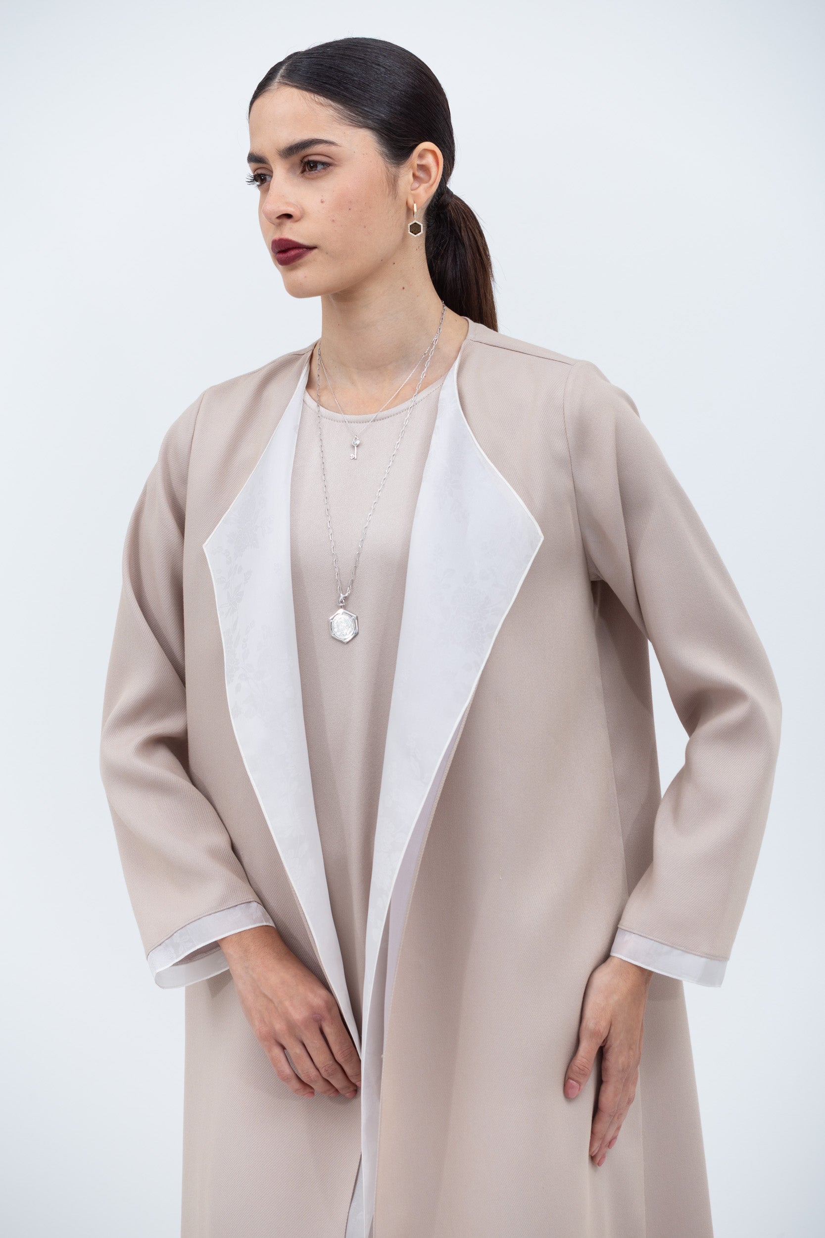 Tencel Twill Blush Pink Abaya with Silk Organza Detailing RTW