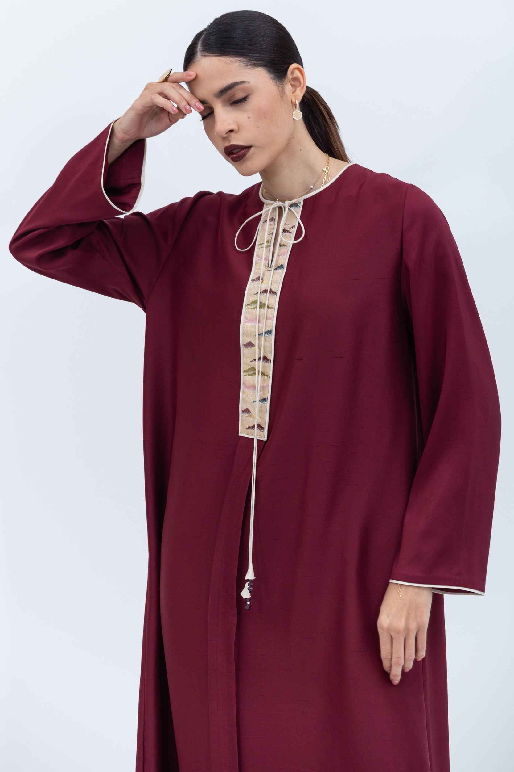 Straight Cut Silk Kaftan in Maroon with Back Detail