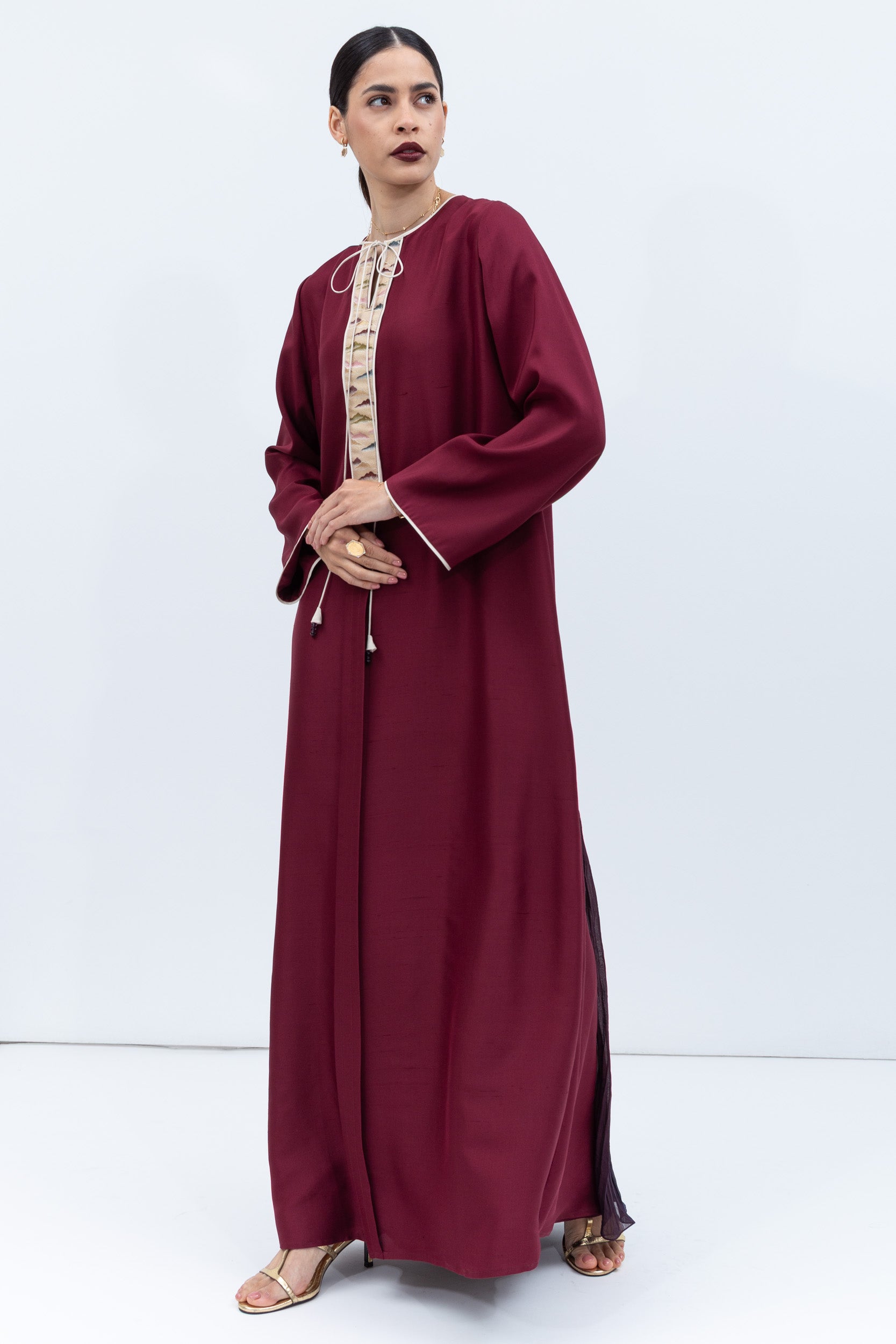 Straight Cut Silk Kaftan in Maroon with Back Detail
